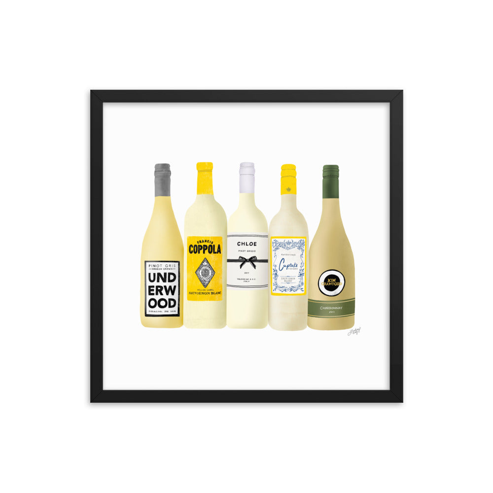 Ilustración de botellas de vino blanco - Impresión mate enmarcada